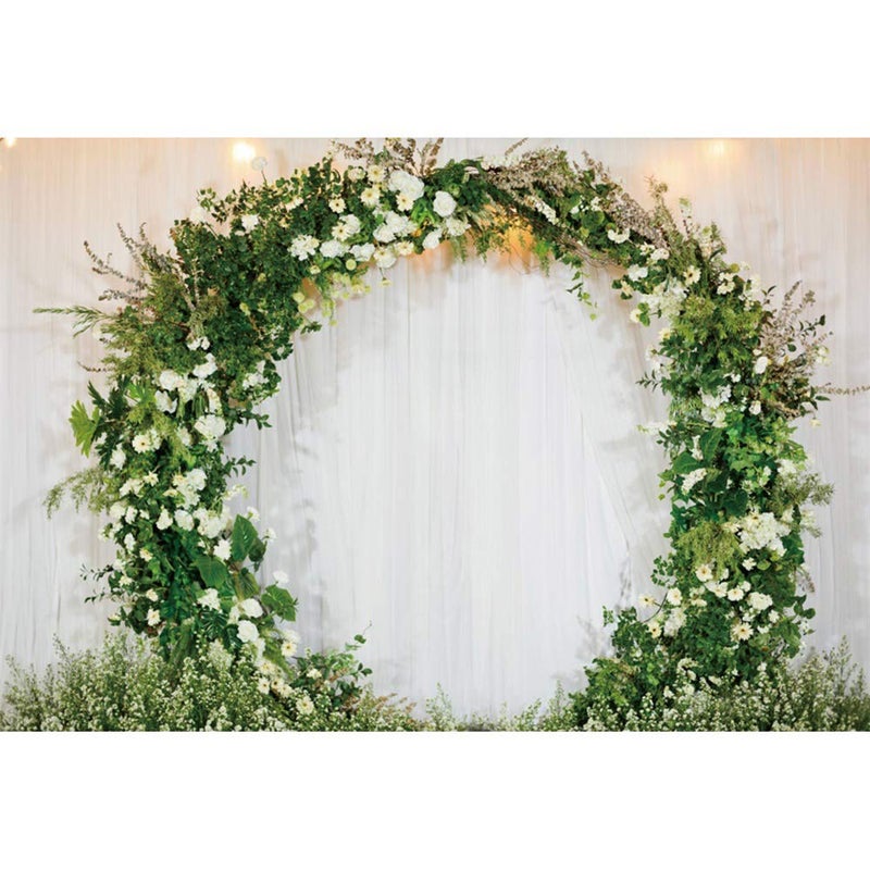 Haoyiyi 10x8ft Wedding Backdrop Sheer Tulle Curtain Backdrop Arch Green Wreath Garland Background Photography Photo Couple Fiancee Proposal Bridal Shower Valentine's Day Digital Portrait - Image 1